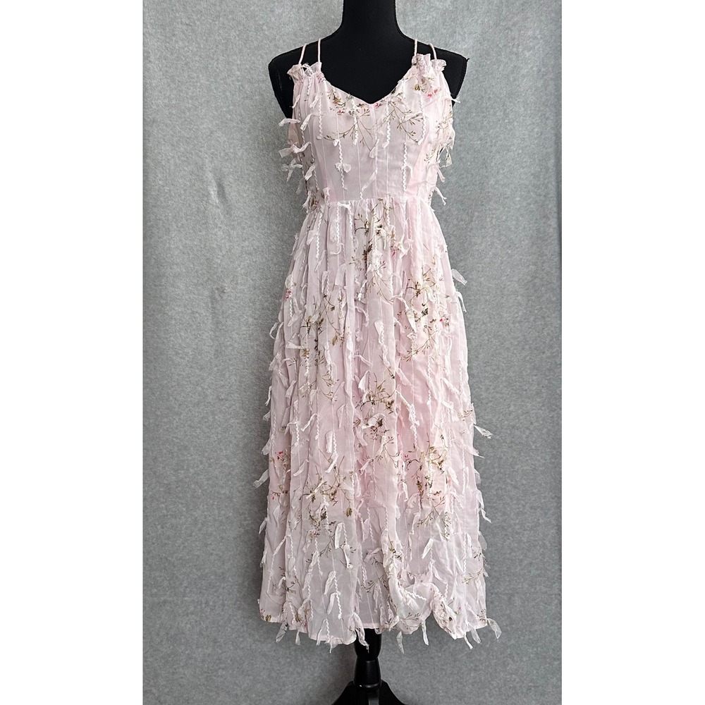 Pink Floral 3D Fringe Midi Dress SM Criss Cross Back Cottagecore Fairycore Twee